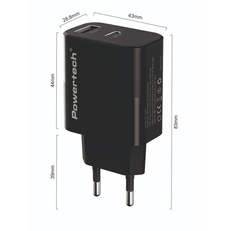 Powertech φορτιστής τοίχου PT-1637 με καλώδιο, USB/USB-C, 20W, μαύρος – φωτογραφία 2