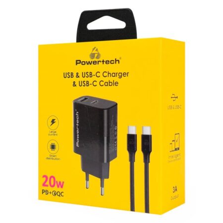 Powertech φορτιστής τοίχου PT-1637 με καλώδιο, USB/USB-C, 20W, μαύρος – φωτογραφία 3
