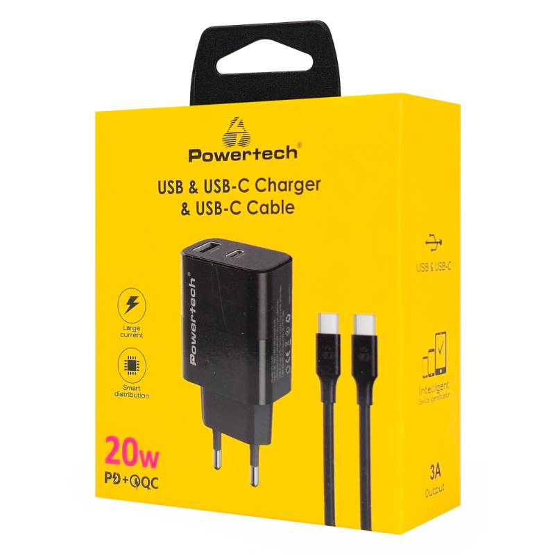 Powertech φορτιστής τοίχου PT-1637 με καλώδιο, USB/USB-C, 20W, μαύρος – φωτογραφία 3