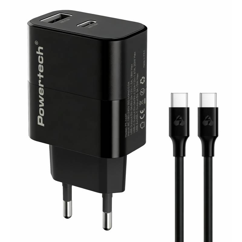 Powertech φορτιστής τοίχου PT-1637 με καλώδιο, USB/USB-C, 20W, μαύρος