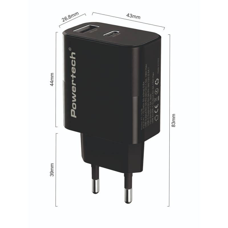 Powertech φορτιστής τοίχου PT-1638 με καλώδιο, USB/USB-C, 30W, GaN, μαύρος – φωτογραφία 2