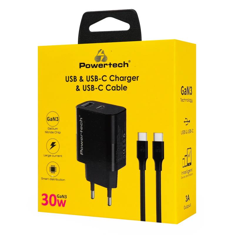 Powertech φορτιστής τοίχου PT-1638 με καλώδιο, USB/USB-C, 30W, GaN, μαύρος – φωτογραφία 3