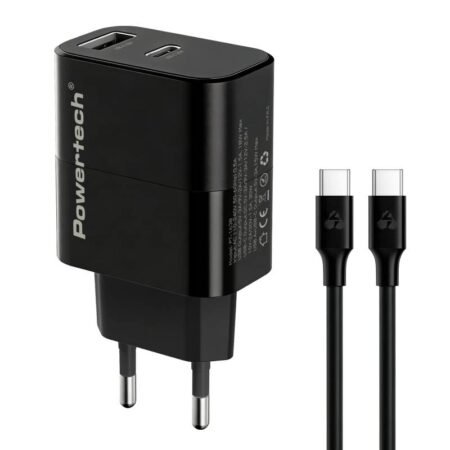 POWERTECH φορτιστής τοίχου PT-1638 με καλώδιο, USB/USB-C, 30W, GaN, μαύρος