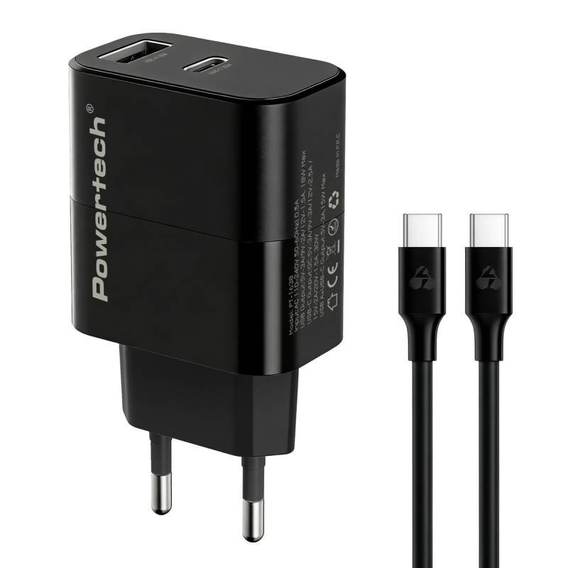 Powertech φορτιστής τοίχου PT-1638 με καλώδιο, USB/USB-C, 30W, GaN, μαύρος