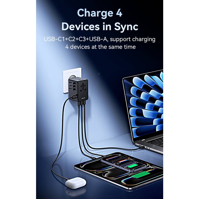 USAMS φορτιστής/αντάπτορας πρίζας CC334, USB & 3x USB-C, universal, 100W, GaN, μαύρος – φωτογραφία 3