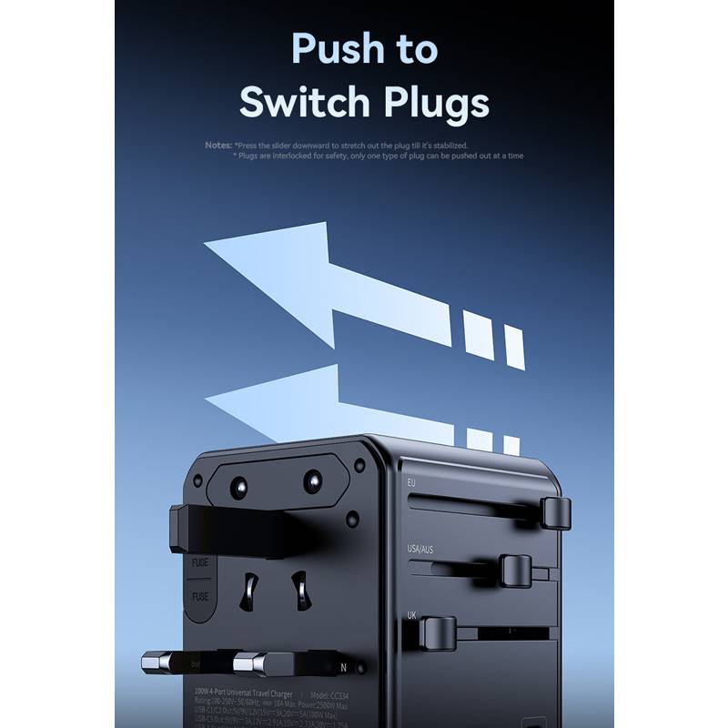 USAMS φορτιστής/αντάπτορας πρίζας CC334, USB & 3x USB-C, universal, 100W, GaN, μαύρος – φωτογραφία 5