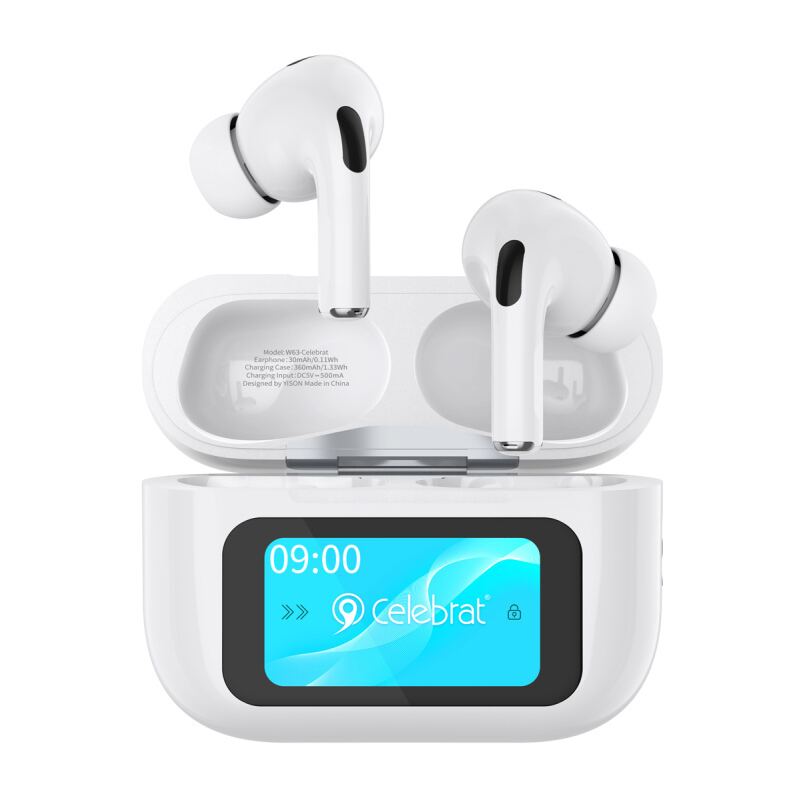 Celebrat earphones με θήκη φόρτισης W63, οθόνη αφής, TWS, ANC, 13mm, 30/360mAh, λευκό