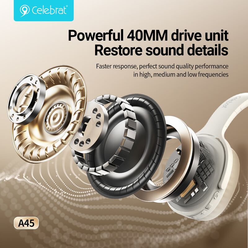 Celebrat headphones A45, ασύρματα & ενσύρματα, micro SD, 40mm, 250mAh, μπεζ – φωτογραφία 3