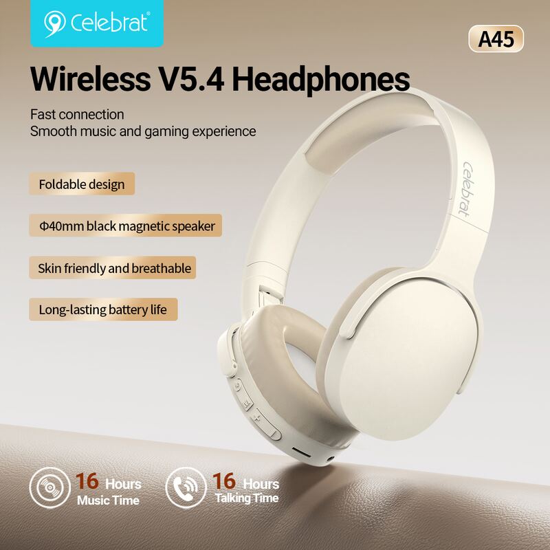Celebrat headphones A45, ασύρματα & ενσύρματα, micro SD, 40mm, 250mAh, μπεζ – φωτογραφία 6