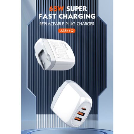 Ldnio φορτιστής τοίχου A3511Q με καλώδιο, USB-C/2x USB, 65W, GaN, λευκός – φωτογραφία 3