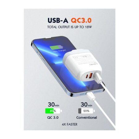 Ldnio φορτιστής τοίχου A3511Q με καλώδιο, USB-C/2x USB, 65W, GaN, λευκός – φωτογραφία 4
