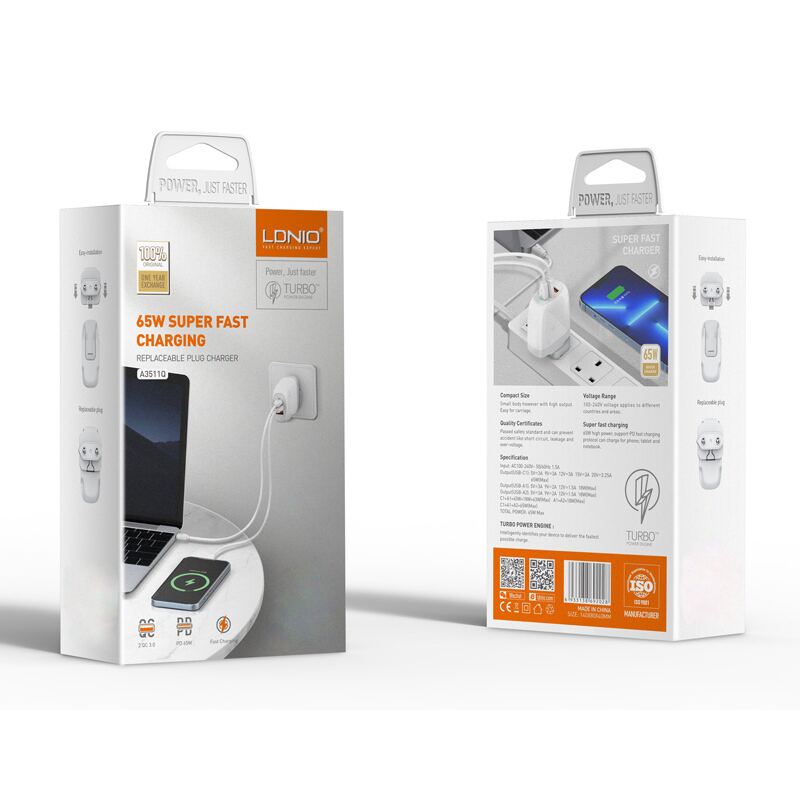 Ldnio φορτιστής τοίχου A3511Q με καλώδιο, USB-C/2x USB, 65W, GaN, λευκός – φωτογραφία 8