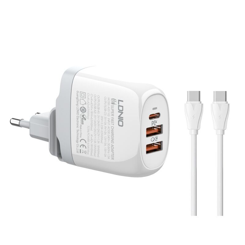 Ldnio φορτιστής τοίχου A3511Q με καλώδιο, USB-C/2x USB, 65W, GaN, λευκός