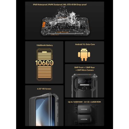 Oukitel smartphone WP23S, 6.52", 4/64GB, 10600mAh, IP68/IP69K/MIL-STD 810H, μαύρο – φωτογραφία 2