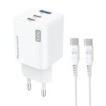 Powertech μίνι φορτιστής τοίχου PT-1671 με καλώδιο, USB/2x USB-C, 100W, GaN, λευκός