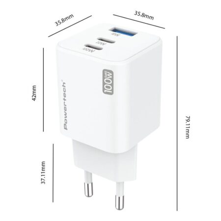 Powertech μίνι φορτιστής τοίχου PT-1671 με καλώδιο, USB/2x USB-C, 100W, GaN, λευκός – φωτογραφία 2