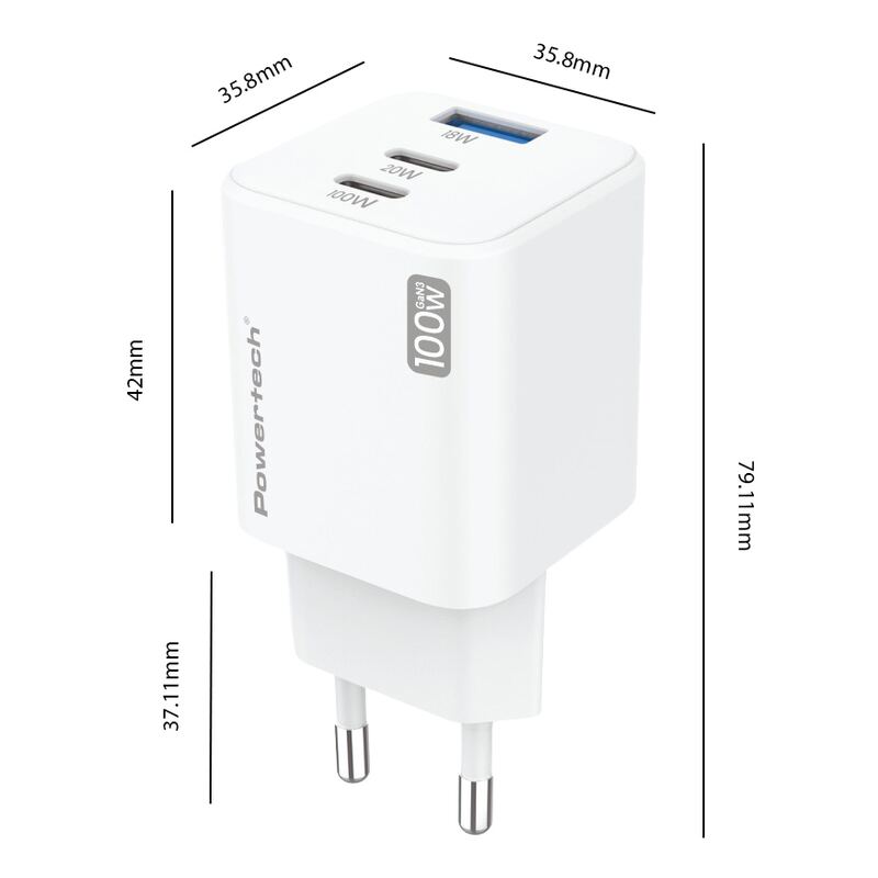 Powertech μίνι φορτιστής τοίχου PT-1671 με καλώδιο, USB/2x USB-C, 100W, GaN, λευκός – φωτογραφία 2