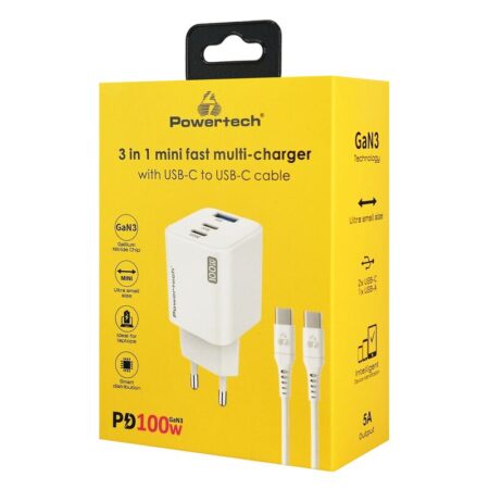 Powertech μίνι φορτιστής τοίχου PT-1671 με καλώδιο, USB/2x USB-C, 100W, GaN, λευκός – φωτογραφία 3