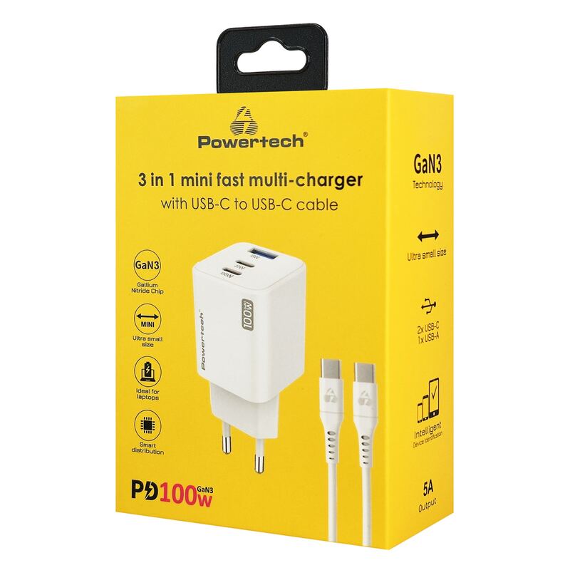 Powertech μίνι φορτιστής τοίχου PT-1671 με καλώδιο, USB/2x USB-C, 100W, GaN, λευκός – φωτογραφία 3