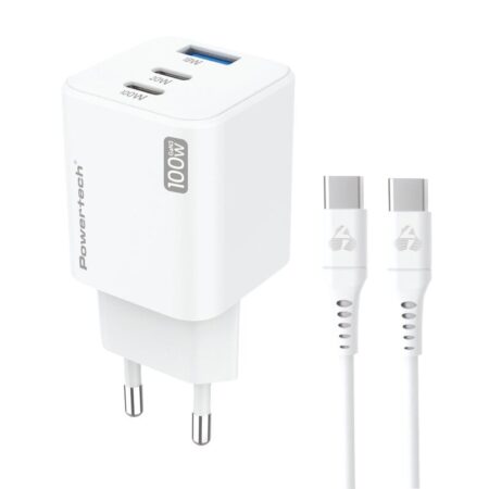 Powertech μίνι φορτιστής τοίχου PT-1671 με καλώδιο, USB/2x USB-C, 100W, GaN, λευκός