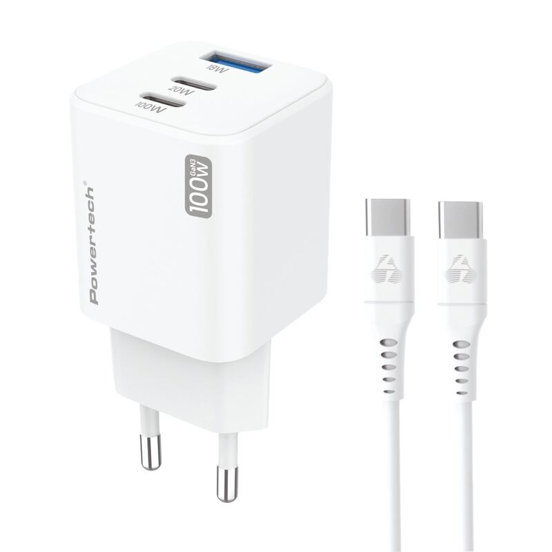 Powertech μίνι φορτιστής τοίχου PT-1671 με καλώδιο, USB/2x USB-C, 100W, GaN, λευκός