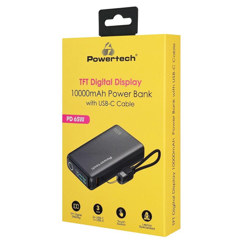 Powertech power bank PT-1639 με οθόνη & καλώδιο, 10000mAh, 65W, γκρι – φωτογραφία 4