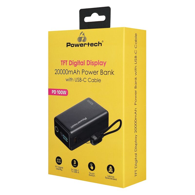 Powertech power bank PT-1640 με οθόνη & καλώδιο, 20000mAh, 100W, γκρι – φωτογραφία 4