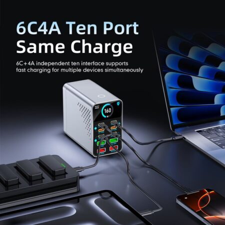 Powertech σταθμός φόρτισης PT-1687, 4x USB & 6x USB-C, GaN, 165W, γκρι – φωτογραφία 2