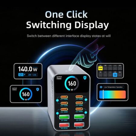 Powertech σταθμός φόρτισης PT-1687, 4x USB & 6x USB-C, GaN, 165W, γκρι – φωτογραφία 3