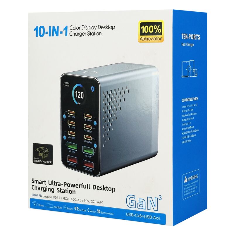 Powertech σταθμός φόρτισης PT-1687, 4x USB & 6x USB-C, GaN, 165W, γκρι – φωτογραφία 6