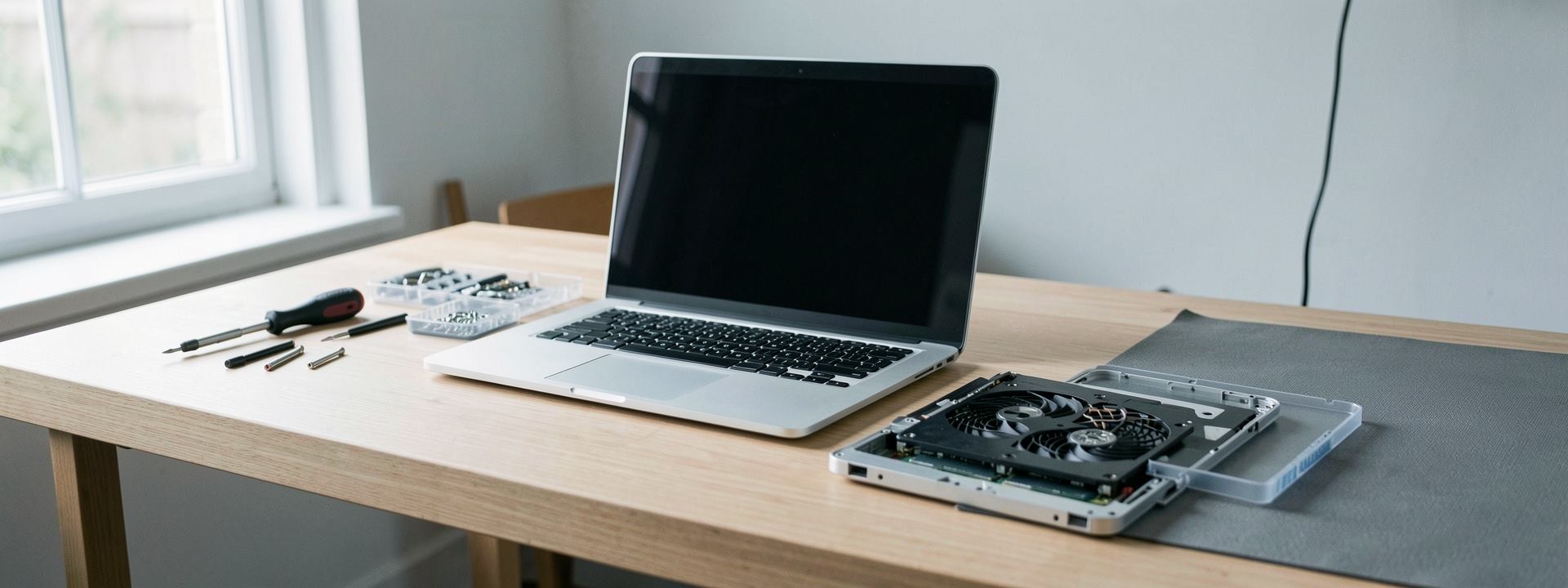 Ανοιχτό laptop σε πάγκο επισκευής, με το κάτω καπάκι και τα εργαλεία δίπλα