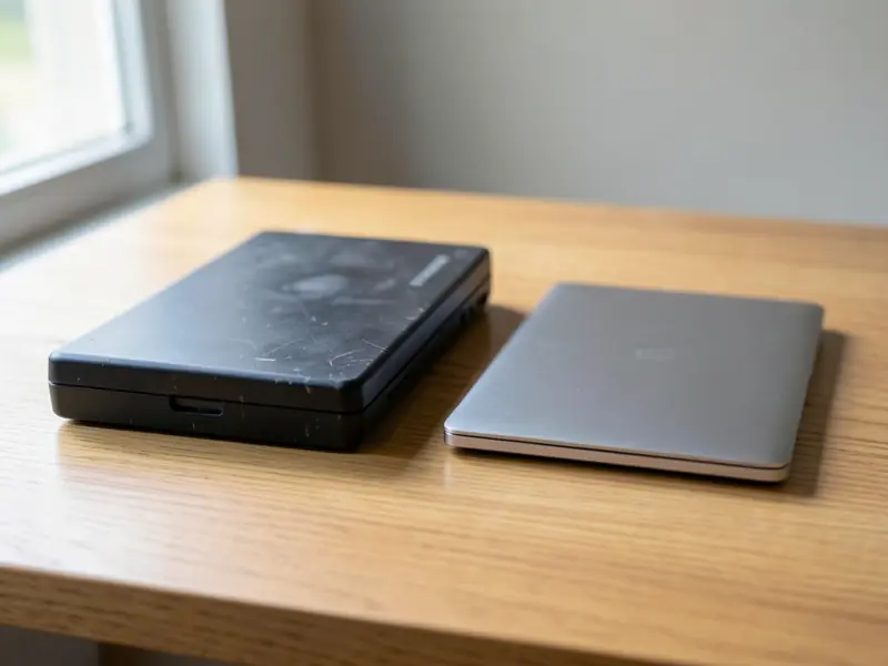 Παλιό χοντρό laptop δίπλα σε σύγχρονο λεπτό laptop