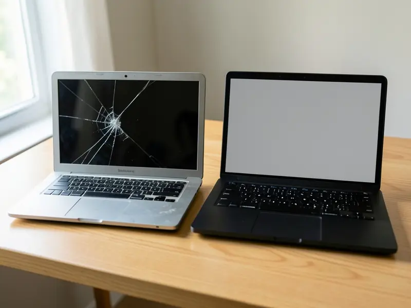 Laptop με σπασμένη οθόνη δίπλα σε επαγγελματικό laptop