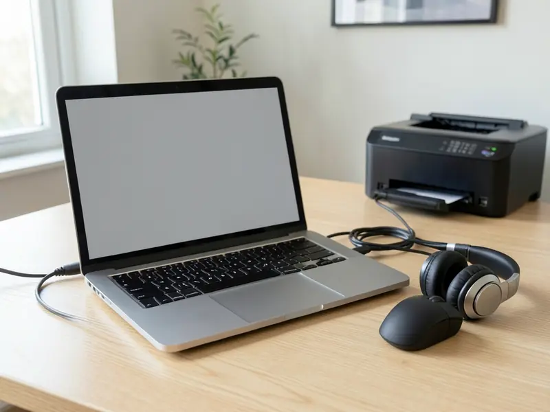 Laptop με ποντίκι, ακουστικά και εκτυπωτή συνδεδεμένα