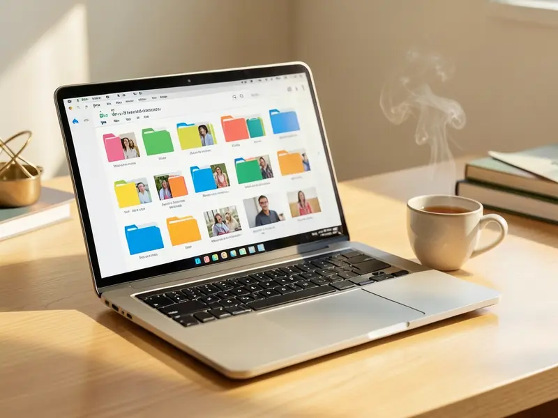 Laptop με φακέλους και φωτογραφίες στην οθόνη