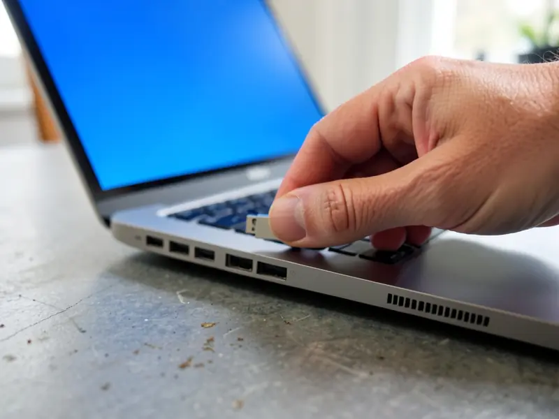 Χέρι συνδέει USB εγκατάστασης σε laptop