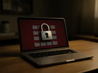 Laptop με κόκκινη οθόνη και λουκέτο που κλειδώνει τα αρχεία