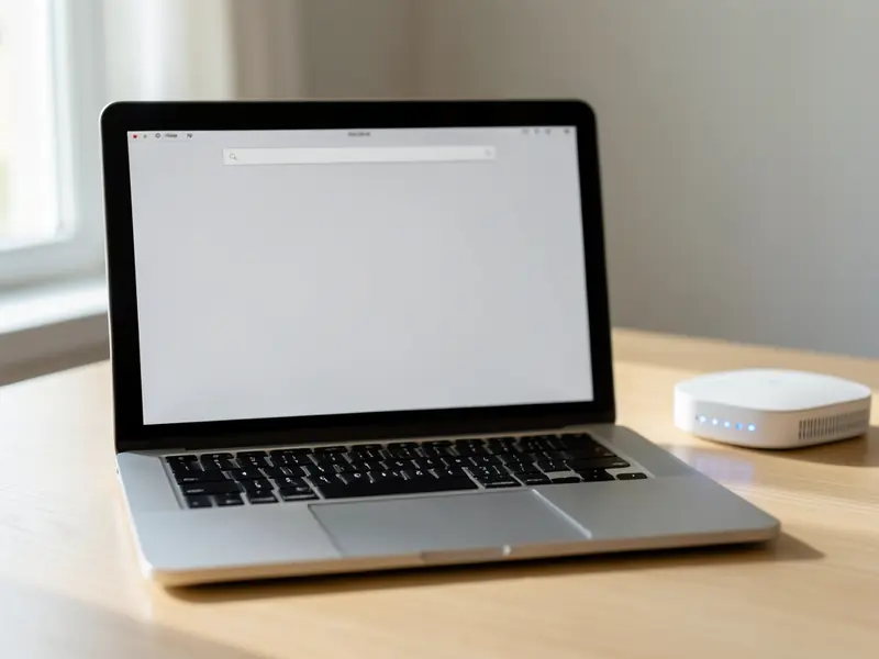 Laptop με καθαρή αρχική σελίδα browser και router στο βάθος