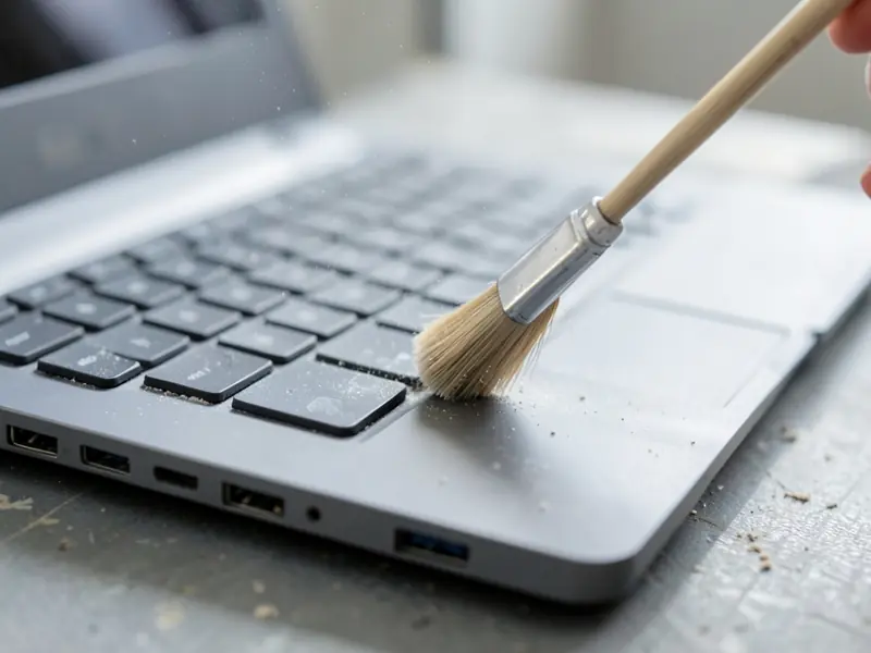 Πινέλο καθαρίζει το πληκτρολόγιο ενός laptop