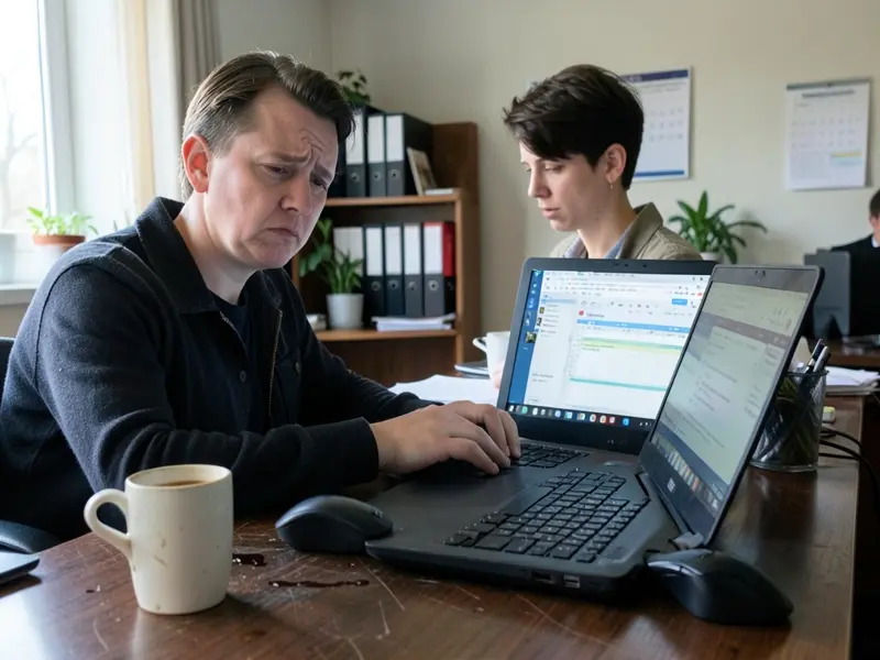 Άνθρωπος περιμένει μπροστά σε laptop με πολλά παράθυρα ανοιχτά