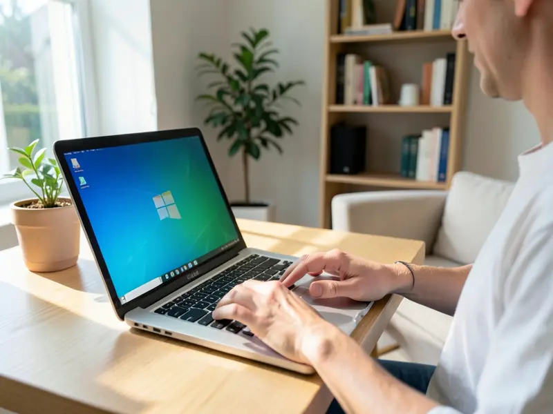 Laptop που μόλις άνοιξε, με την επιφάνεια εργασίας των Windows έτοιμη