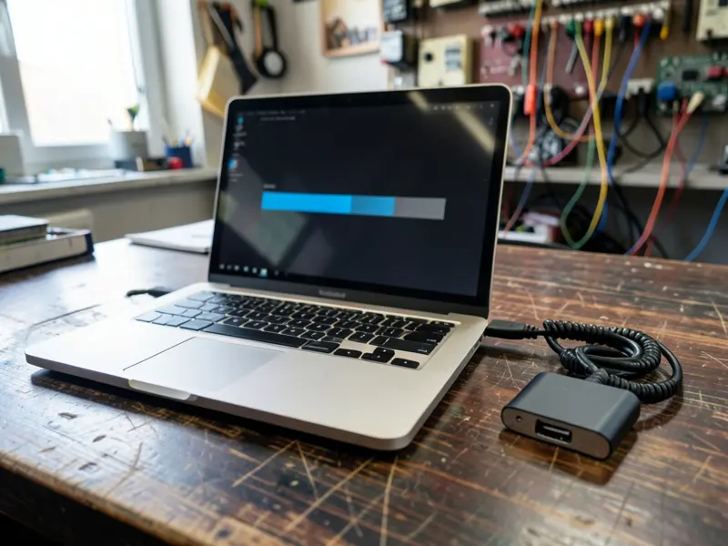Laptop συνδεδεμένο με SSD σε εξωτερικό αντάπτορα, με μπάρα προόδου στην οθόνη
