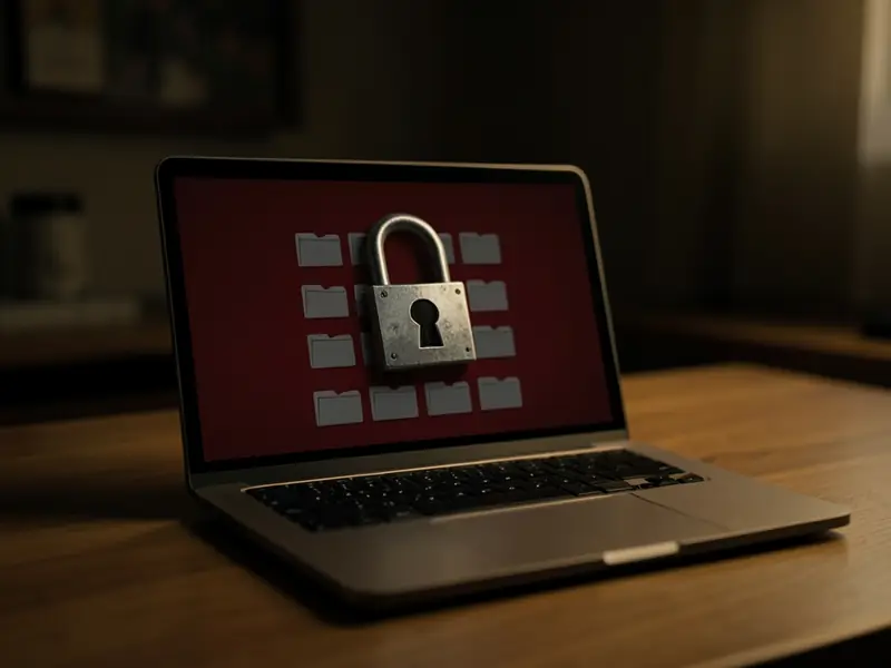 Laptop με κόκκινη οθόνη, φακέλους και λουκέτο που κλειδώνει την πρόσβαση