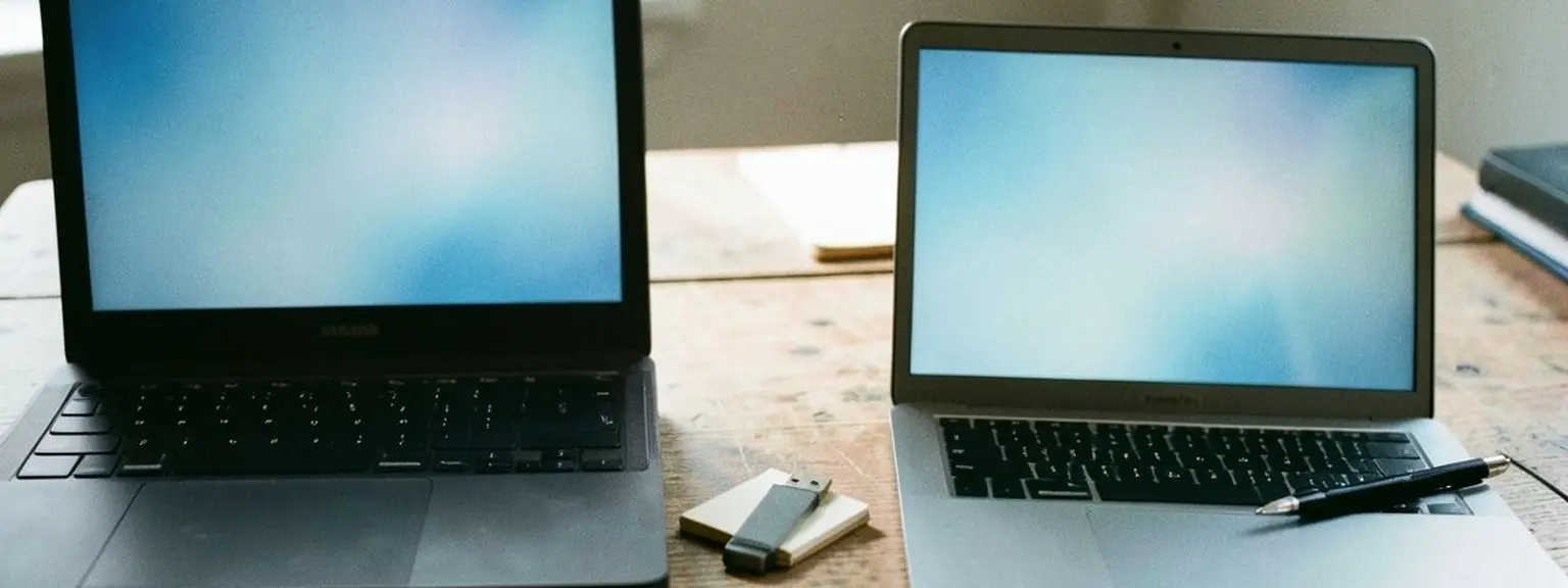 Δύο laptop πάνω σε ξύλινο γραφείο με ένα USB stick ανάμεσά τους