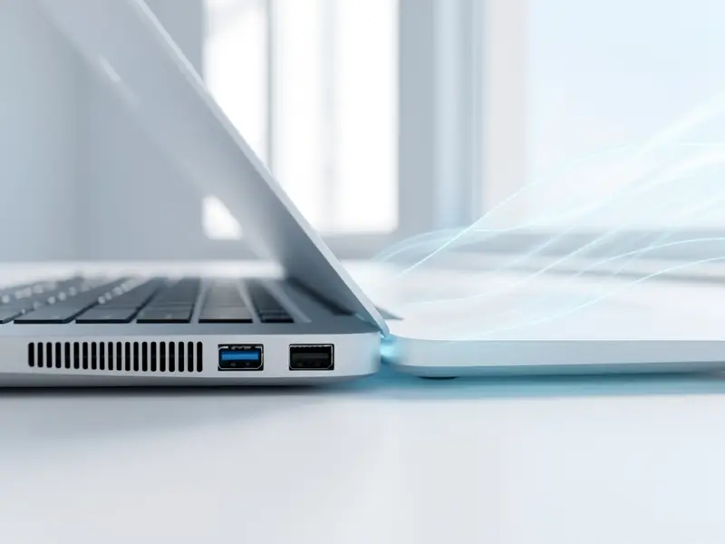 Laptop σε γραφείο με ροή αέρα που βγαίνει από τις σχισμές αερισμού